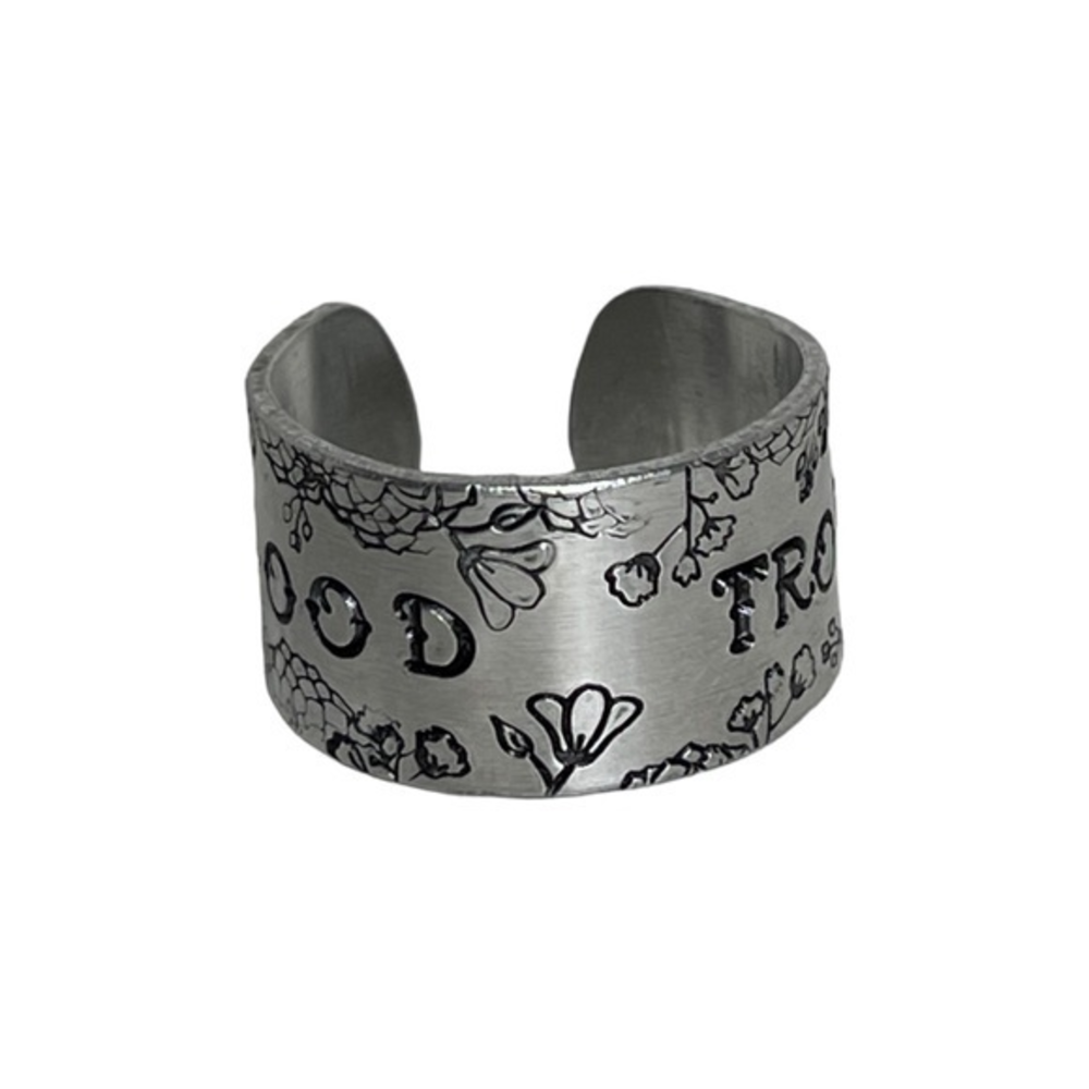 Handmade stamped 9 Good Trouble‎ silver hypoallergenic adjustable wide cuff ring